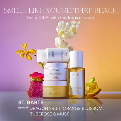 OUAI St. Barts Travel Bundle - Includes Travel Size Scalp & Body Scrub, Foaming Shower Gel, Hydrating Cream, and Hair & Body Mist (4 Count, 3.4 Oz/3.4 Oz/3 Oz/3.3 Oz) - Maple Wellness Supplements