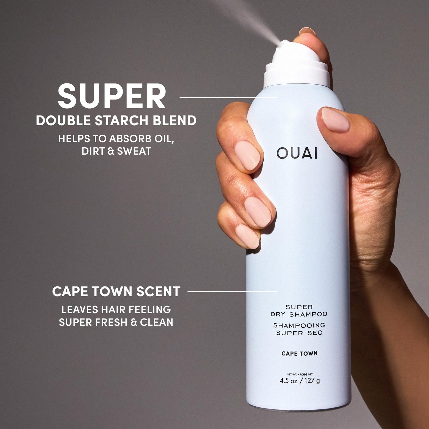 OUAI Super Dry Shampoo - Volumizing Dry Shampoo - Absorbs Oil, Dirt & Sweat - Blends Seamlessly into Hair with Zero Residue & Enriched with a Long-Lasting Scent - Cape Town (4.5 oz) - Maple Wellness Supplements