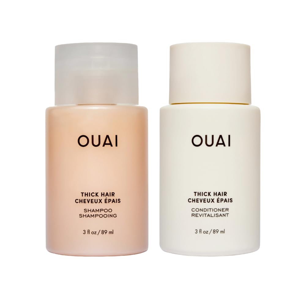OUAI Thick Hair Shampoo & Conditioner Set, Travel Size - Moisturizing Shampoo & Conditioner - With Keratin, Marshmallow Root, Shea Butter & Avocado Oil - Sulfate, Paraben & Phthalate Free (3 Oz) - Maple Wellness Supplements