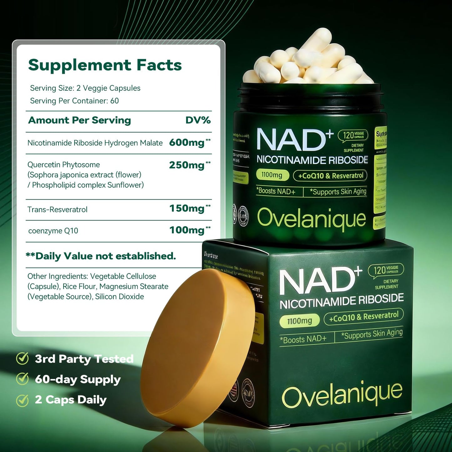 Ovelanique NAD Supplement with Nicotinamide Riboside & Resveratrol |NMNH Supplement Alternative| NAD+ Complex with Quercetin Phytosome & CoQ10 | Liposomal Delivery,120 Capsules(Packaging May Vary) - Maple Wellness Supplements