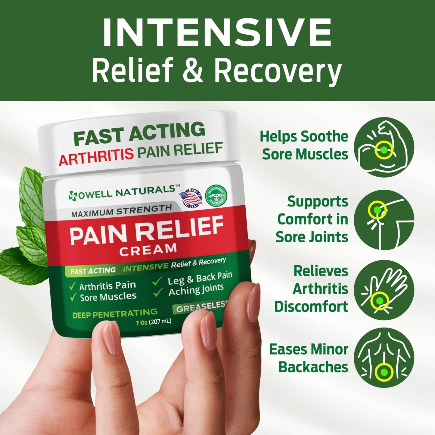 Owell Naturals Deep Penetrating Pain Relief Cream, Maximum Strength Formula for Joints & Muscles, Lower Back, Knees, Hands, Legs, Ankle – Fast Acting Comfort, 7 oz - Maple Wellness Supplements