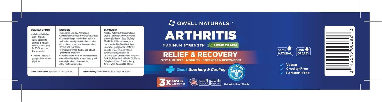 OWELL NATURALS Joint & Muscle Ream, Maximum Strength Relief & Recovery for Back, Neck, Feet with Aloe Vera, Vitamin B6 MSM, 2 Oz, (2 Pack) - Maple Wellness Supplements