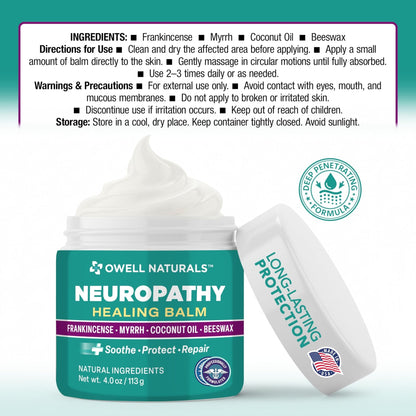 Owell Naturals Neuropathy Balm for Feet, Muscles & Joints – Long Lasting Comfort Formula with Frankincense, Myrrh, Coconut Oil, Beeswax – Fast Absorbing Botanical Skin Care, 2 oz - Maple Wellness Supplements