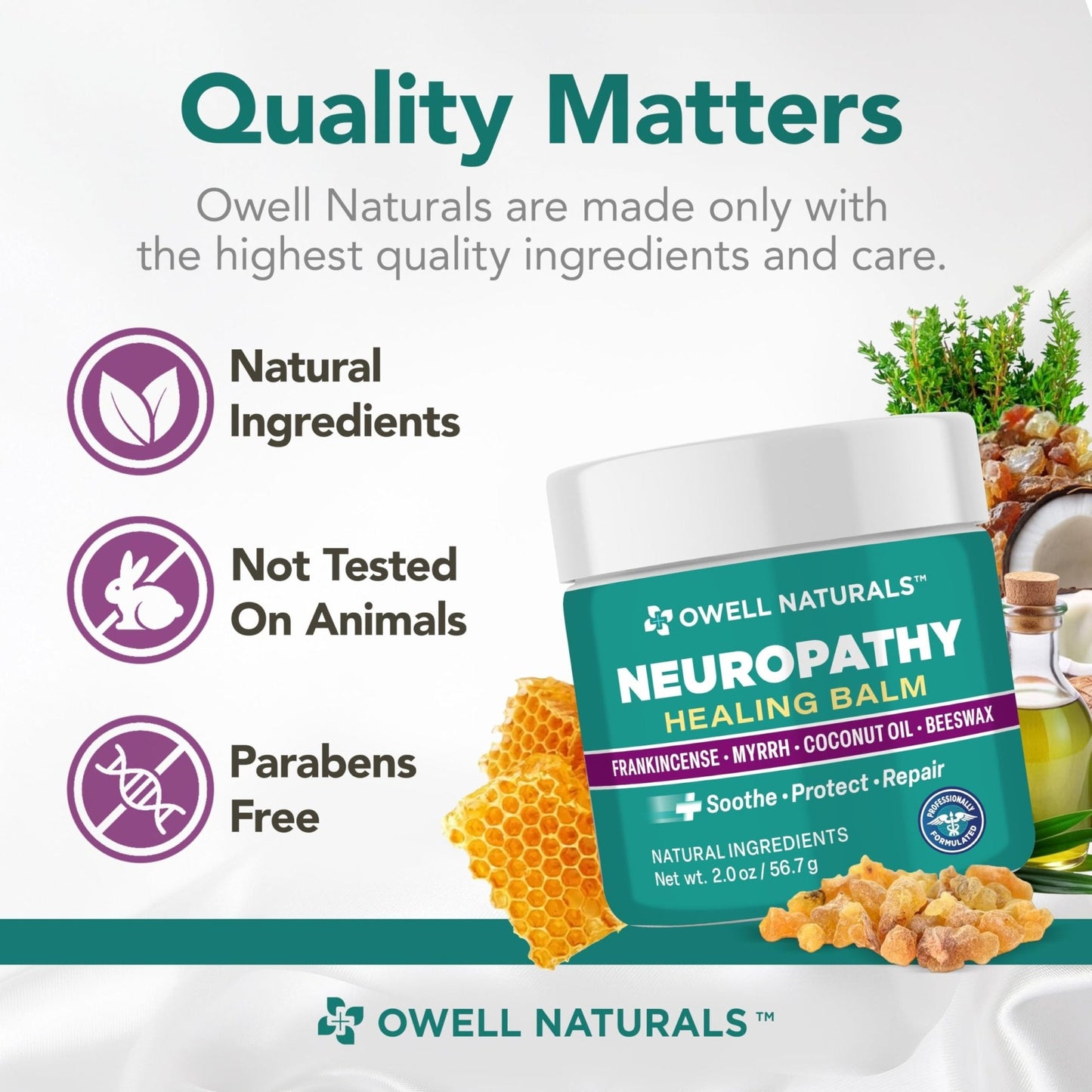 Owell Naturals Neuropathy Balm for Feet, Muscles & Joints – Long Lasting Comfort Formula with Frankincense, Myrrh, Coconut Oil, Beeswax – Fast Absorbing Botanical Skin Care, 2 oz - Maple Wellness Supplements