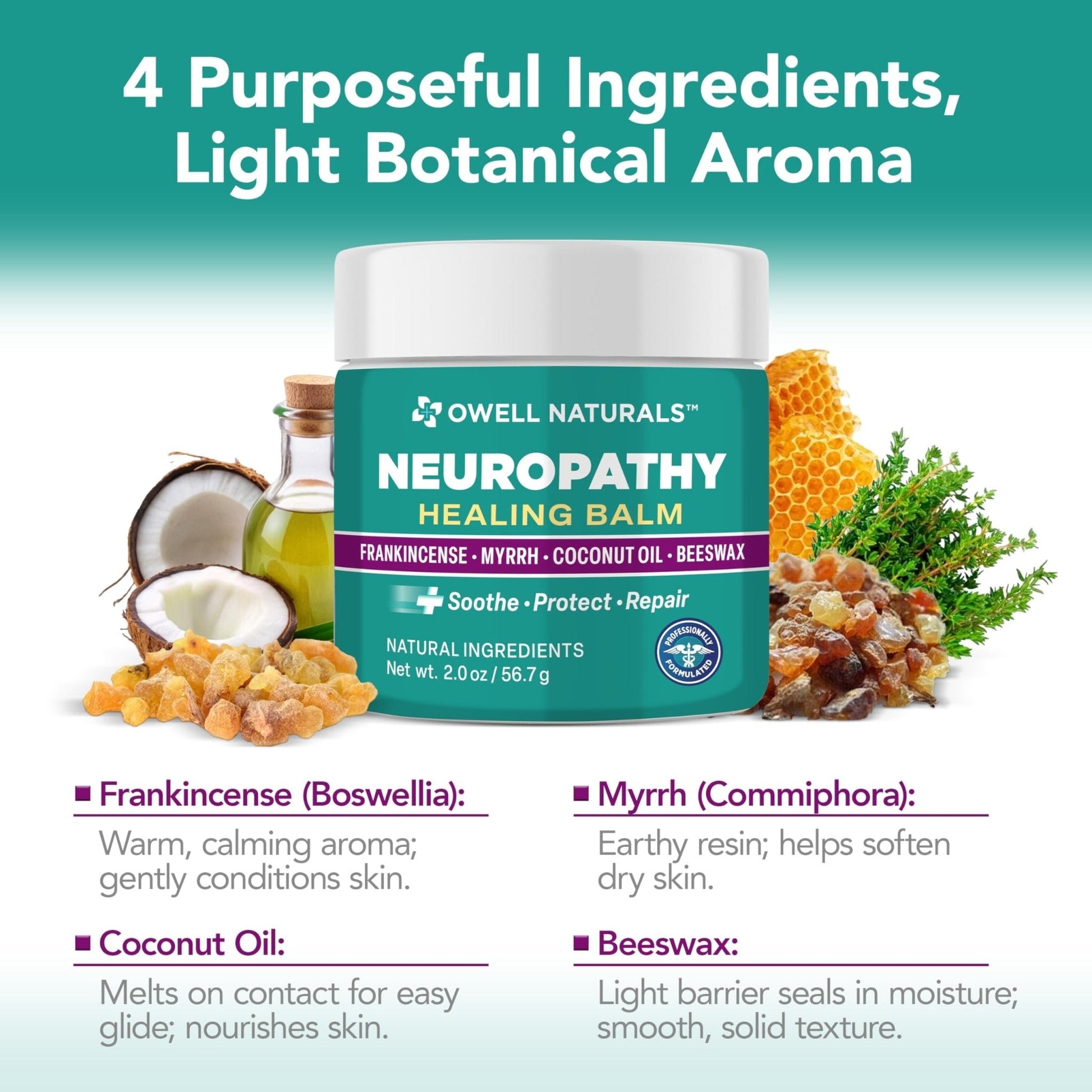 Owell Naturals Neuropathy Balm for Feet, Muscles & Joints – Long Lasting Comfort Formula with Frankincense, Myrrh, Coconut Oil, Beeswax – Fast Absorbing Botanical Skin Care, 2 oz - Maple Wellness Supplements