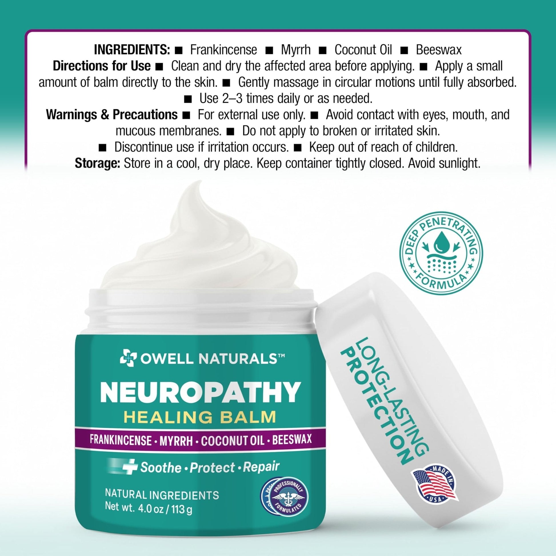 OWELL NATURALS Neuropathy Healing Balm, Fast Acting, with Frankincense, Myrrh, Coconut Oil & Beeswax, Natural Ingredients – Soothe, Protect & Repair, 4 oz (Pack of 1) - Maple Wellness Supplements