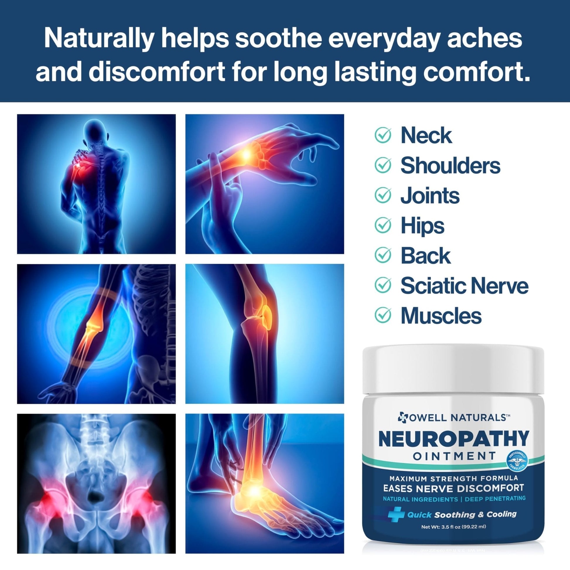 Owell Naturals Neuropathy Nerve Ointment for Feet, Fingers, Hands, Toes, Back, Legs & Arms - Fast-Acting Formula, Max Strength, Cooling Effect, 3.5 Fl Oz - Maple Wellness Supplements