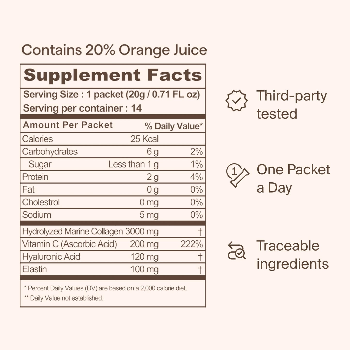 Ownist Triple Collagen Liquid Packets On-The-Go - Peptides with Hydrolyzed Marine Collagen, Elastin, Hyaluronic Acid and Vitamin for Healthy Skin - Orange Flavor - 14 Individual Stick Packs - Maple Wellness Supplements