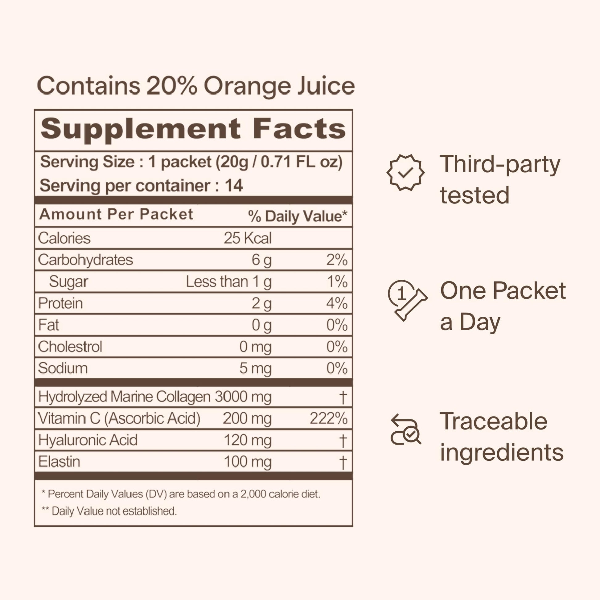 Ownist Triple Collagen Liquid Packets On-The-Go - Peptides with Hydrolyzed Marine Collagen, Elastin, Hyaluronic Acid and Vitamin for Healthy Skin - Orange Flavor - 14 Individual Stick Packs - Maple Wellness Supplements