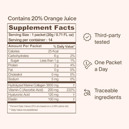 Ownist Triple Collagen Liquid Packets On-The-Go - Peptides with Hydrolyzed Marine Collagen, Elastin, Hyaluronic Acid and Vitamin for Healthy Skin - Orange Flavor - 14 Individual Stick Packs - Maple Wellness Supplements