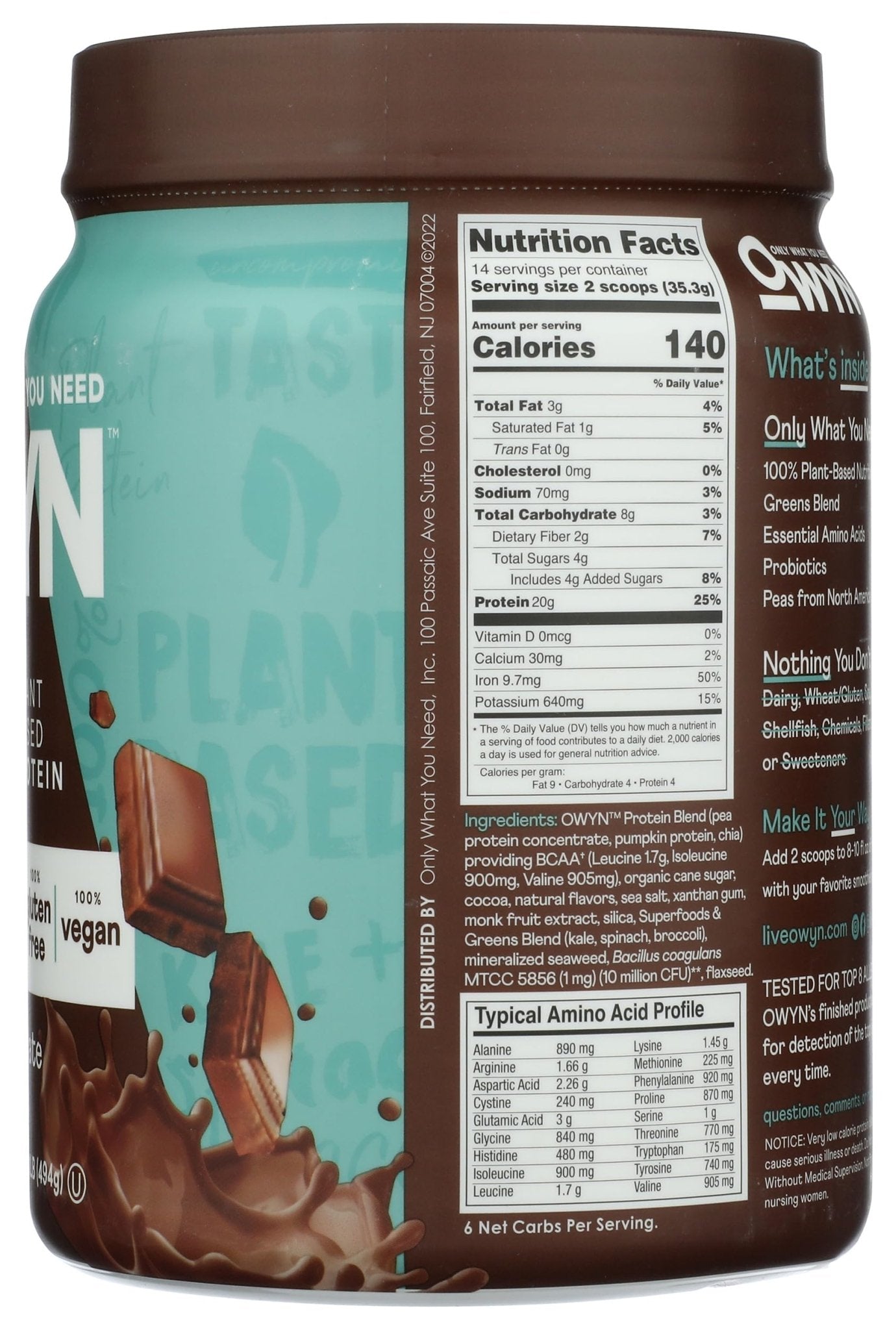 OWYN Only What You Need Plant-Based Protein Powder, Dark Chocolate, 1.17 lbs - Maple Wellness Supplements