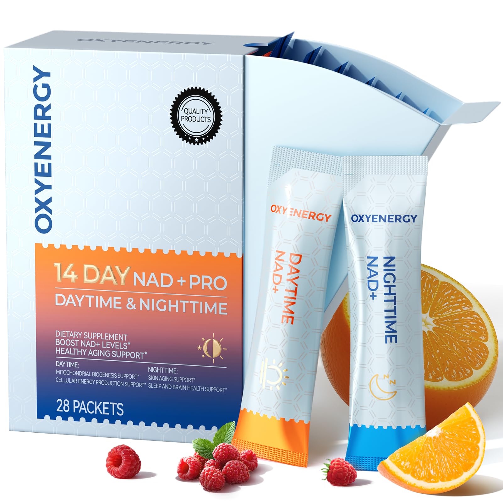 OxyEnergy NAD Supplement 1550 mg-Daytime Nicotinamide Riboside + Nighttime L-Tryptophan with Resveratrol, Glutathione, PQQ, 24-Hour Nonstop Energy, Anti-Aging & Cellular Renewal, 28 Packets - Maple Wellness Supplements