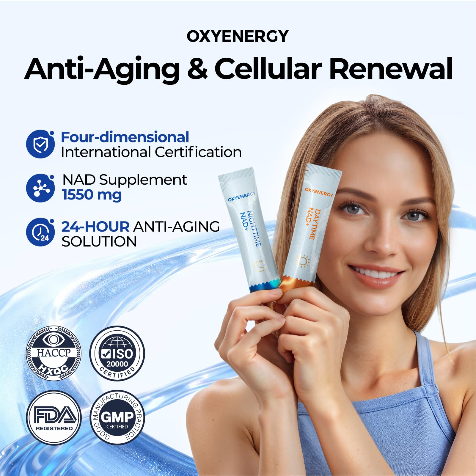 OxyEnergy NAD Supplement 1550 mg-Daytime Nicotinamide Riboside + Nighttime L-Tryptophan with Resveratrol, Glutathione, PQQ, 24-Hour Nonstop Energy, Anti-Aging & Cellular Renewal, 28 Packets - Maple Wellness Supplements