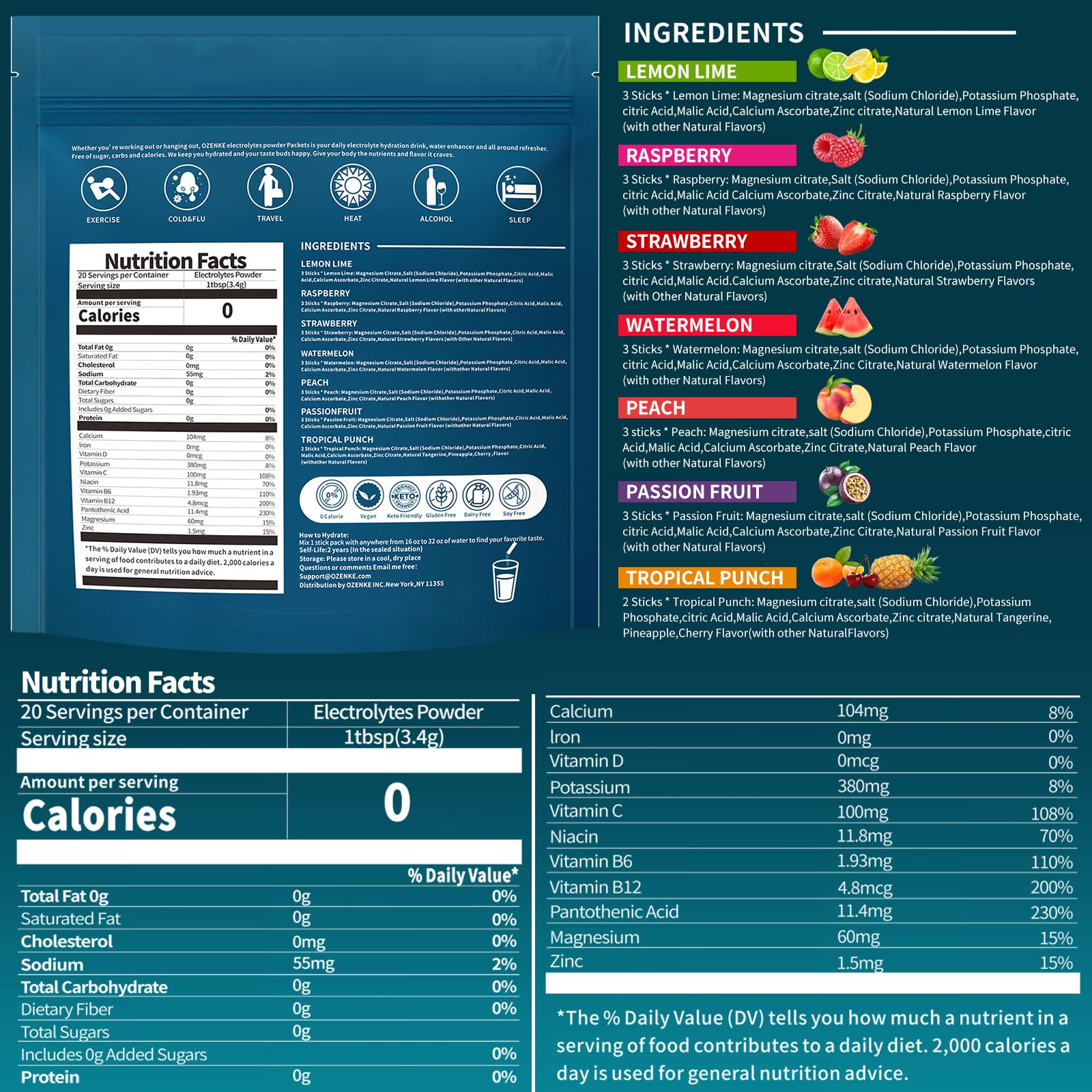 OZENKE Electrolytes Powder Packets, Hydration Packets, Electrolytes Powder No Sugar, Portable Electrolyte Drink Mix for Rapid Hydration, Sugar Free & Low Sodium - Maple Wellness Supplements