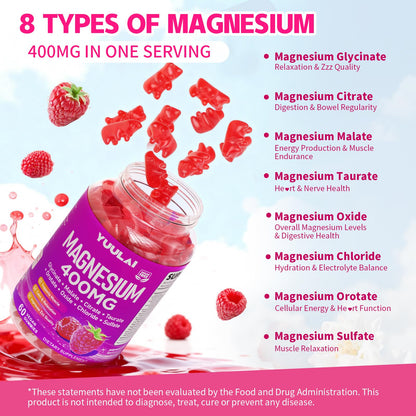 Pack of 2 Magnesium Complex Gummies 400mg, Magnesium Glycinate, Malate, Citrate, Taurate, Oxide & More | w/Ashwagandha Extract, D3 & B12 for Calm, Zzz, Relaxation, Raspberry Flavor, 120 Count - Maple Wellness Supplements