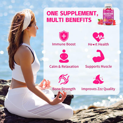 Pack of 2 Magnesium Complex Gummies 400mg, Magnesium Glycinate, Malate, Citrate, Taurate, Oxide & More | w/Ashwagandha Extract, D3 & B12 for Calm, Zzz, Relaxation, Raspberry Flavor, 120 Count - Maple Wellness Supplements