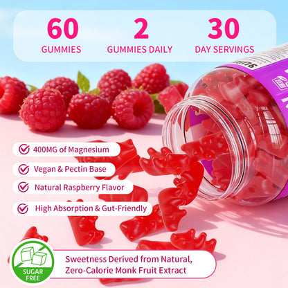 Pack of 2 Magnesium Complex Gummies 400mg, Magnesium Glycinate, Malate, Citrate, Taurate, Oxide & More | w/Ashwagandha Extract, D3 & B12 for Calm, Zzz, Relaxation, Raspberry Flavor, 120 Count - Maple Wellness Supplements