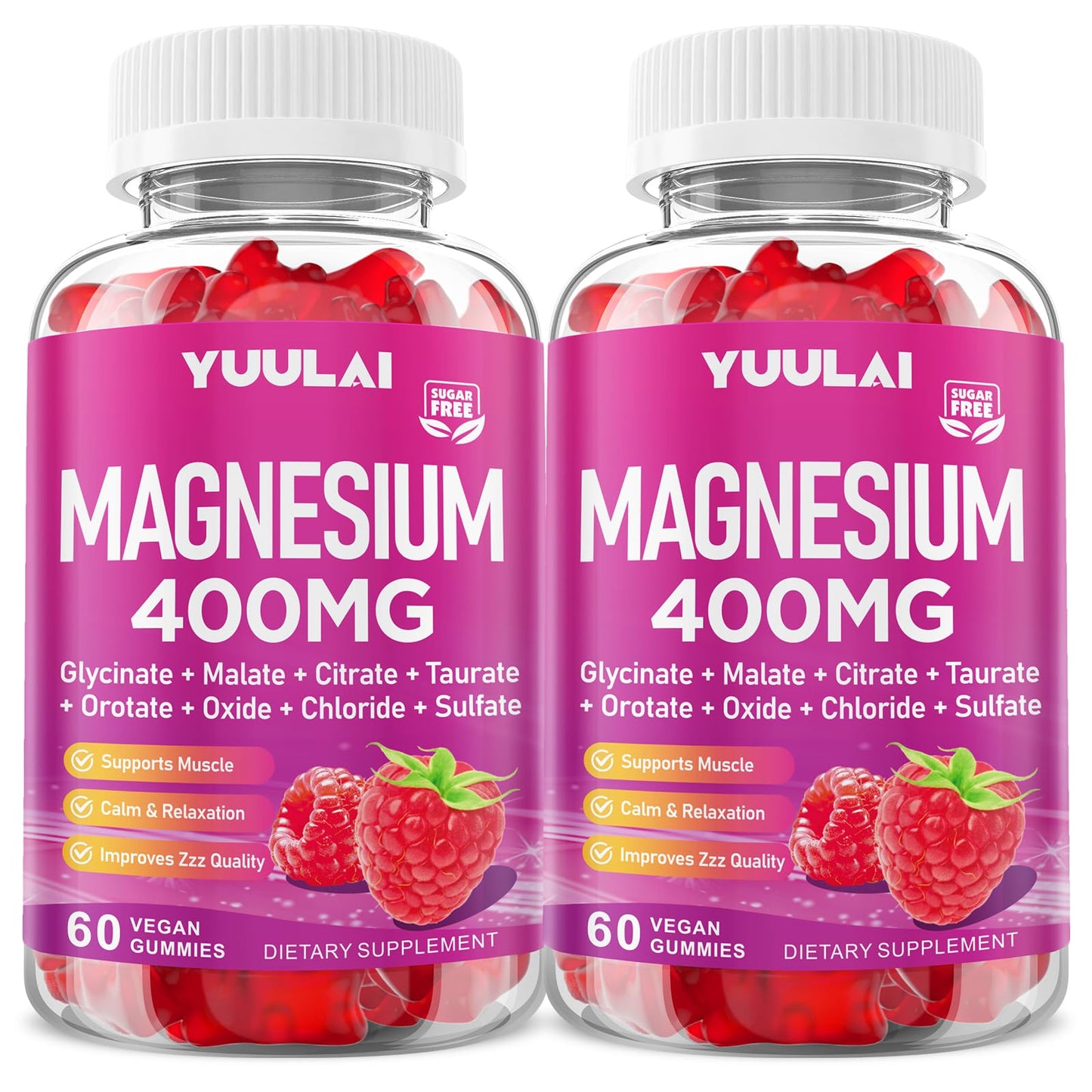 Pack of 2 Magnesium Complex Gummies 400mg, Magnesium Glycinate, Malate, Citrate, Taurate, Oxide & More | w/Ashwagandha Extract, D3 & B12 for Calm, Zzz, Relaxation, Raspberry Flavor, 120 Count - Maple Wellness Supplements