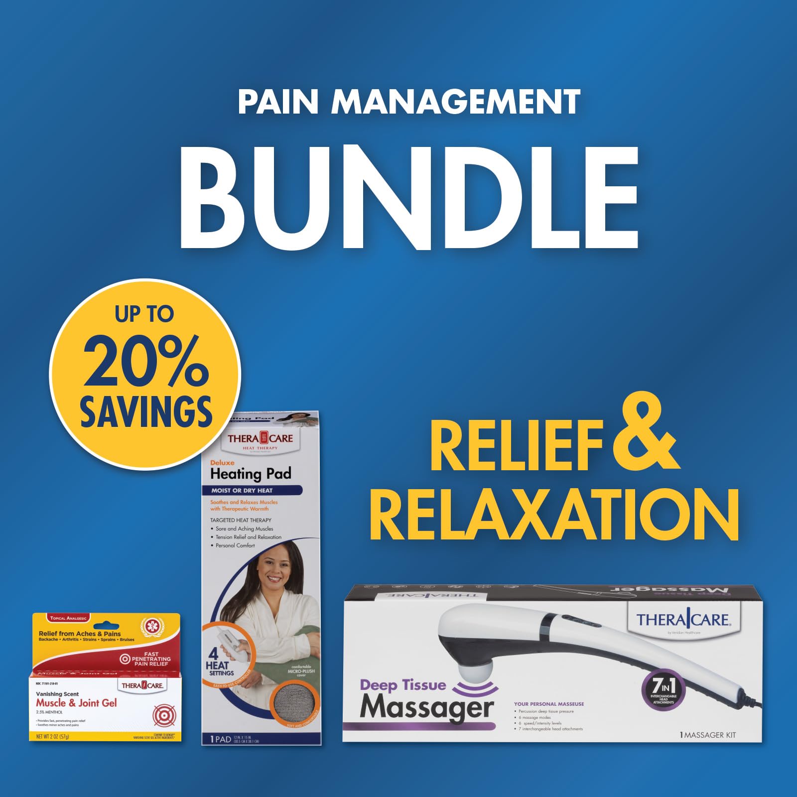 Pain Management Bundle 3-Piece | Personal Deep Tissue Massager | Muscle & Joint Pain Relief Gel | Deluxe Moist Dry Heating Pad | Therapeutic Care at Home | Whole Family Care - Maple Wellness Supplements