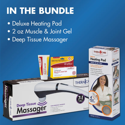 Pain Management Bundle 3-Piece | Personal Deep Tissue Massager | Muscle & Joint Pain Relief Gel | Deluxe Moist Dry Heating Pad | Therapeutic Care at Home | Whole Family Care - Maple Wellness Supplements