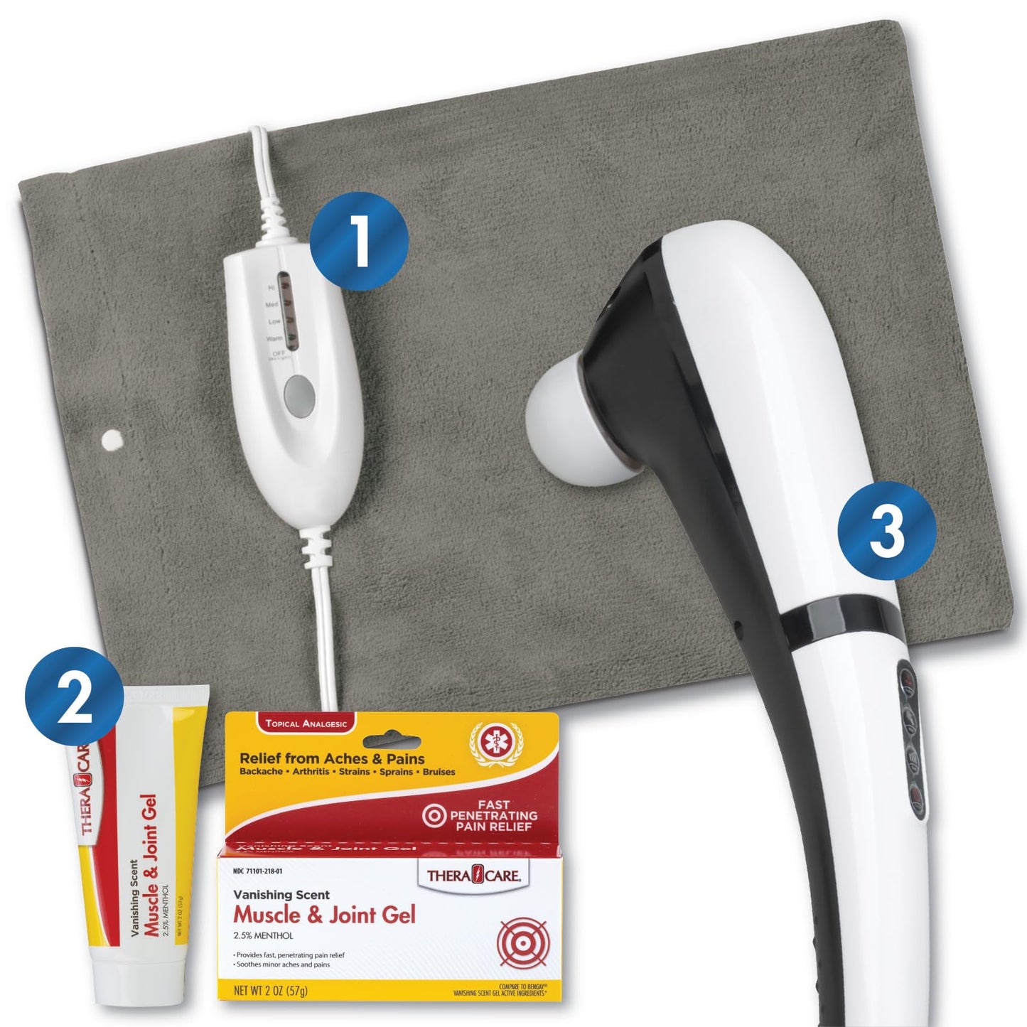 Pain Management Bundle 3-Piece | Personal Deep Tissue Massager | Muscle & Joint Pain Relief Gel | Deluxe Moist Dry Heating Pad | Therapeutic Care at Home | Whole Family Care - Maple Wellness Supplements