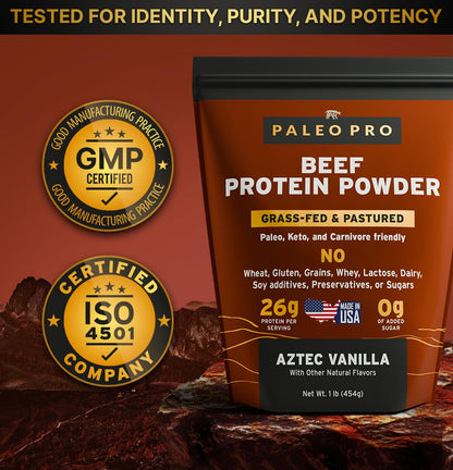 Paleo Pro 26G Beef Protein Powder - Grass Fed Protein Powder Isolate - Pure Animal Based Pastured & Cage-Free | Dairy & Gluten Free, Natural & Clean Proteins for Paleo & Keto - 15 Days Supply Vanilla - Maple Wellness Supplements