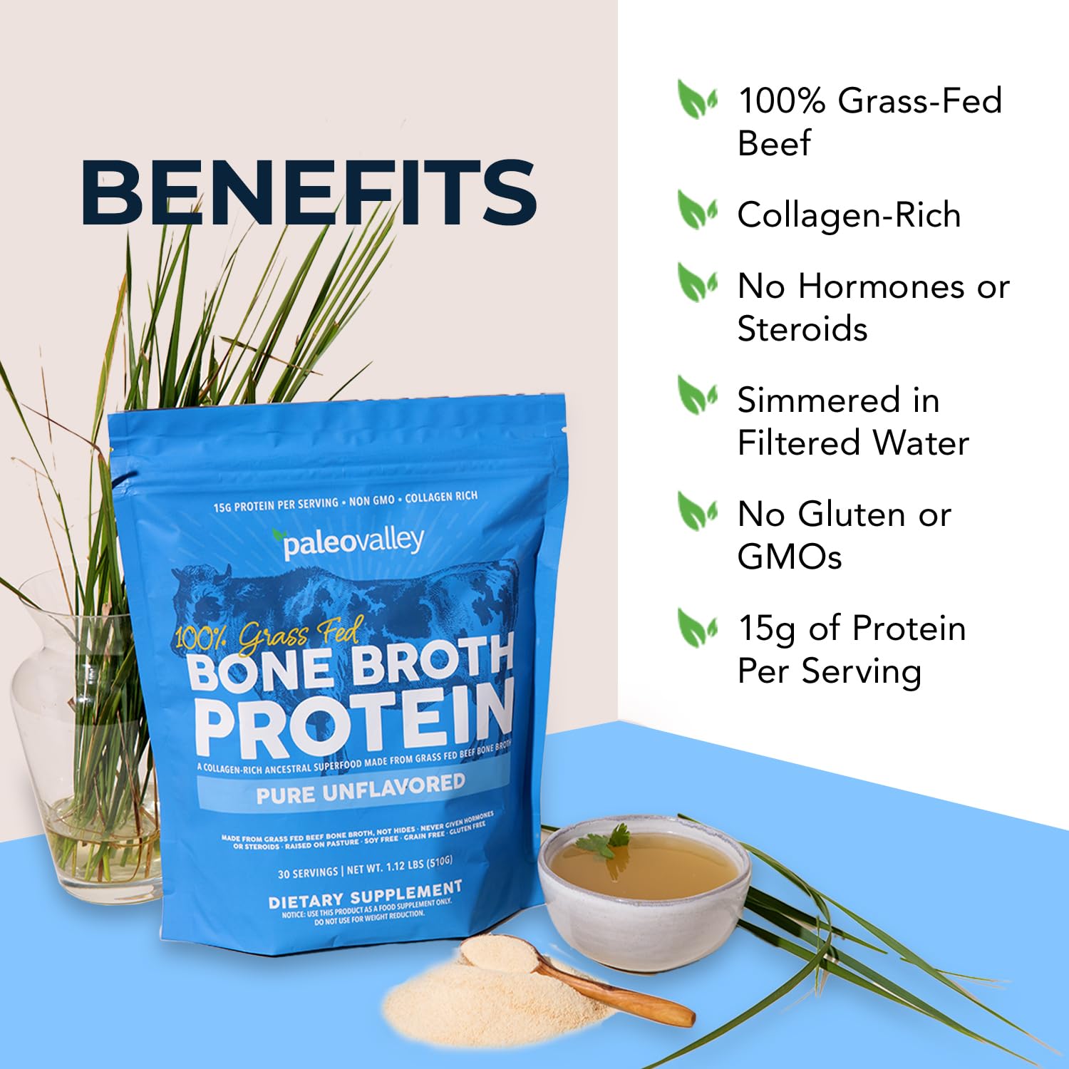 Paleovalley 100% Grass Fed Beef Bone Broth Protein Powder - Rich in Collagen Peptides for Hair, Skin, Gut Health, Bone and Joint Support - Maple Wellness Supplements
