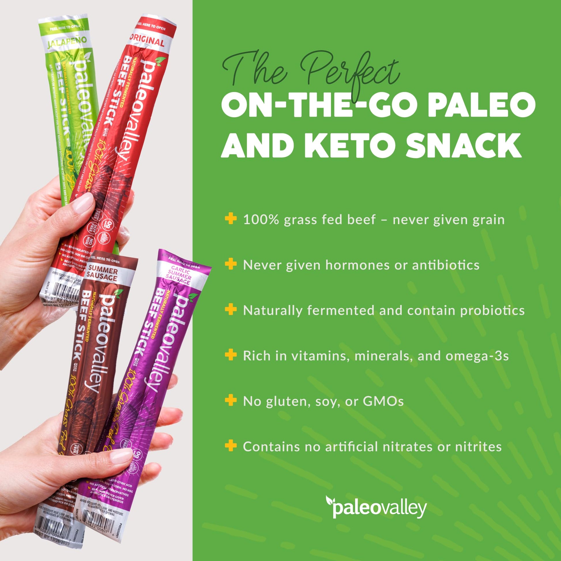 Paleovalley 100% Grass Fed Beef Sticks - Delicious Gluten Free Beef Snack - High Protein Keto Friendly, 40 Count Variety Pack - Maple Wellness Supplements