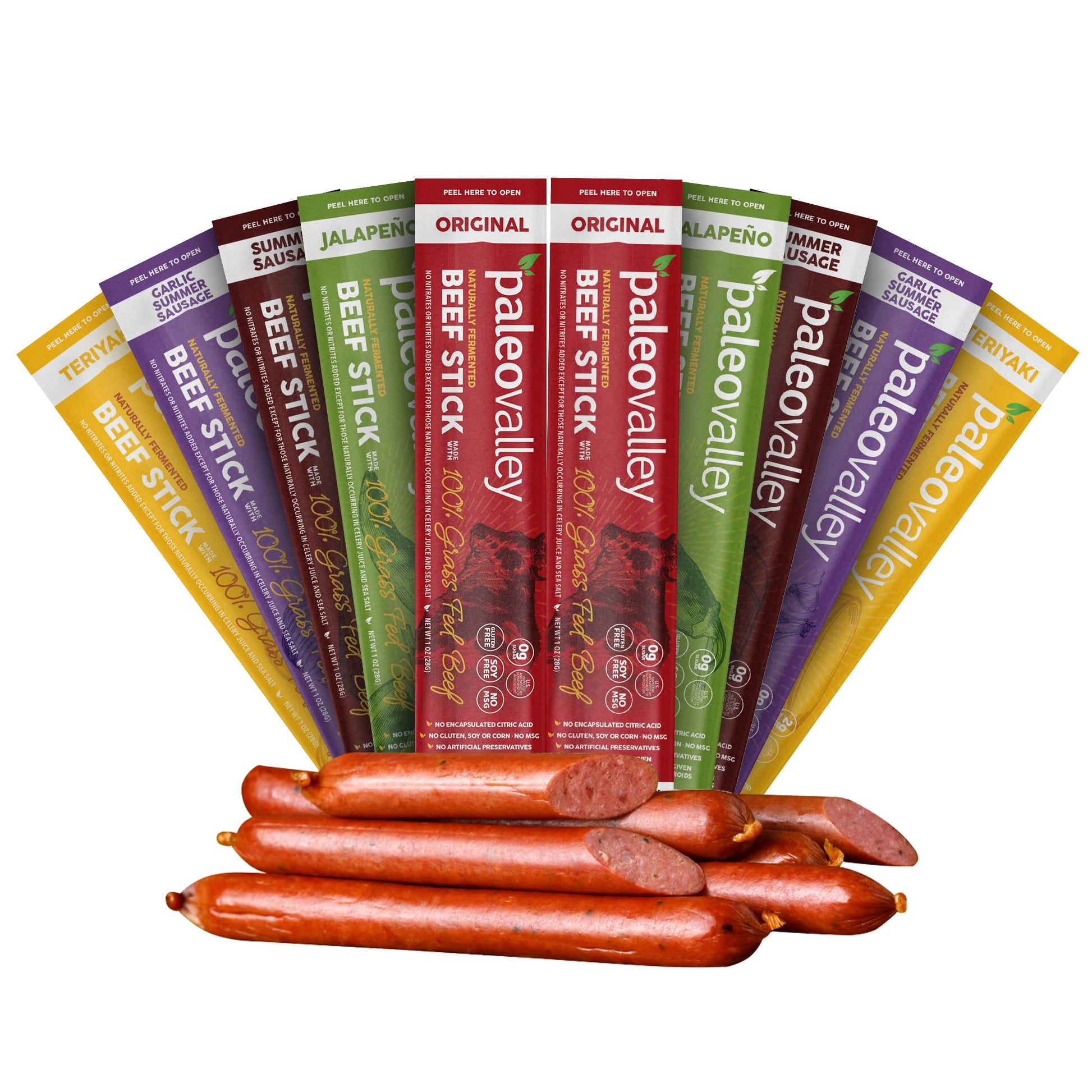 Paleovalley 100% Grass Fed Beef Sticks - Delicious Gluten Free Beef Snack - High Protein Keto Friendly, 50 Count Variety Pack - Maple Wellness Supplements