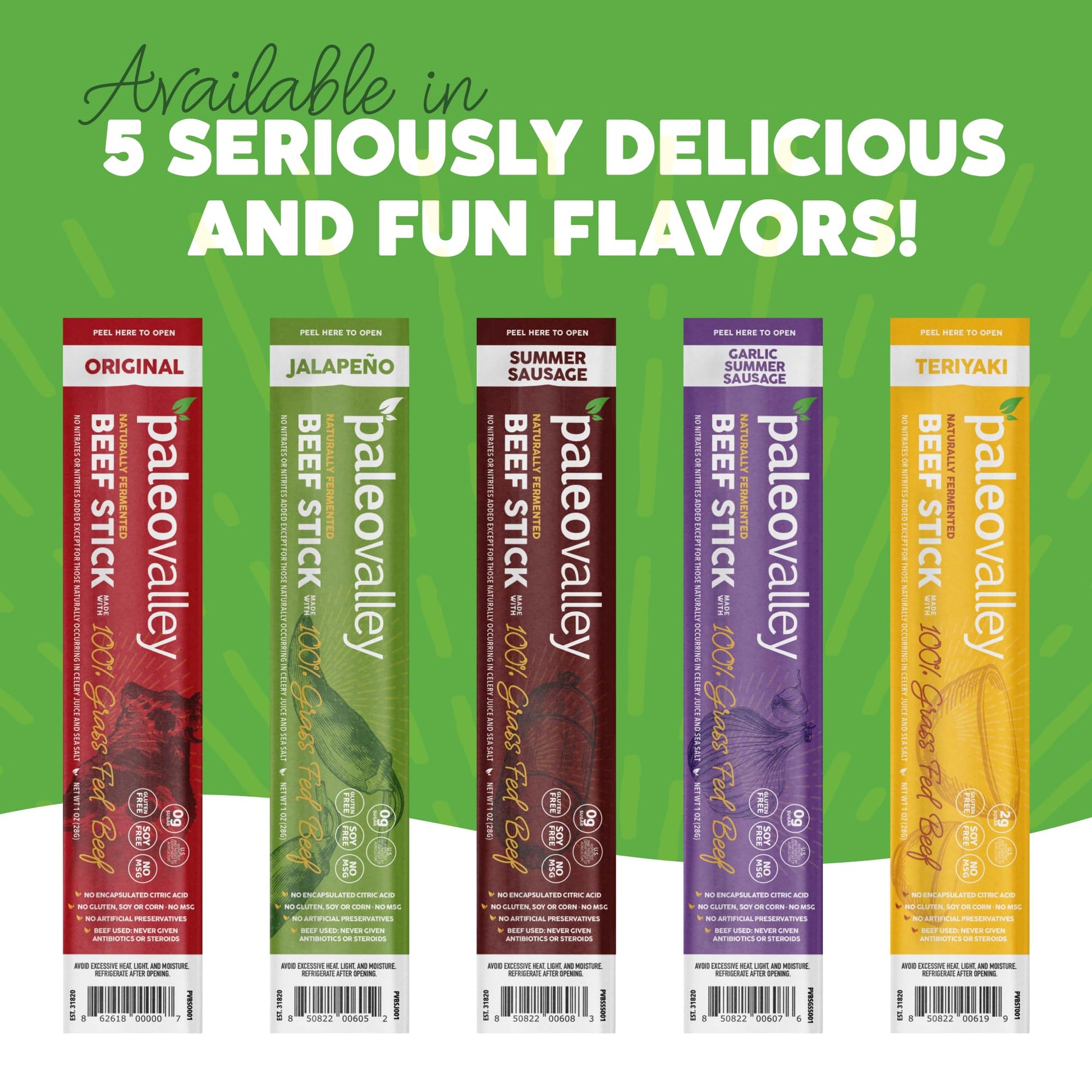 Paleovalley 100% Grass Fed Beef Sticks - Delicious Gluten Free Beef Snack - High Protein Keto Friendly, 50 Count Variety Pack - Maple Wellness Supplements