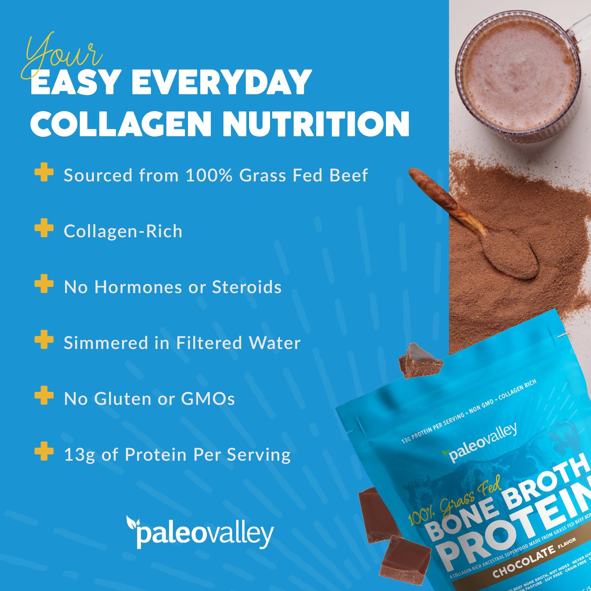 Paleovalley 100% Grass Fed Bone Broth Protein Powder - Chocolate - Rich in Collagen - Maple Wellness Supplements