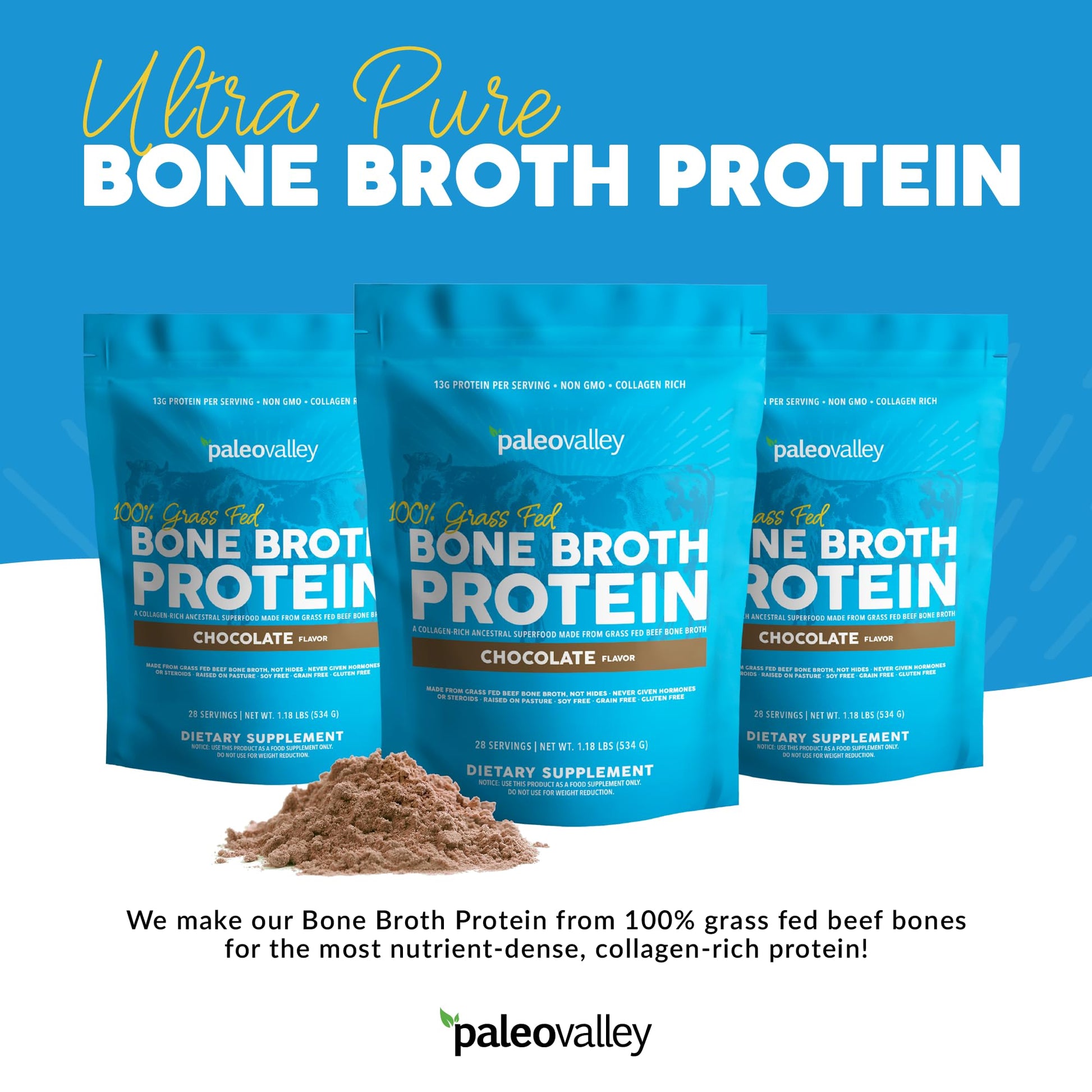 Paleovalley 100% Grass Fed Bone Broth Protein Powder - Chocolate - Rich in Collagen - Maple Wellness Supplements