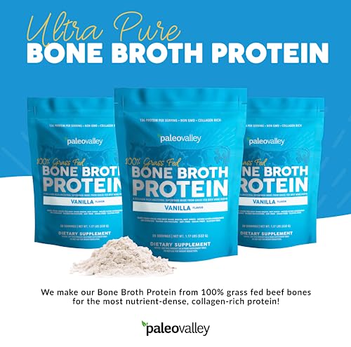 Paleovalley 100% Grass Fed Bone Broth Protein Powder - Vanilla - Rich in Collagen for Hair - Maple Wellness Supplements