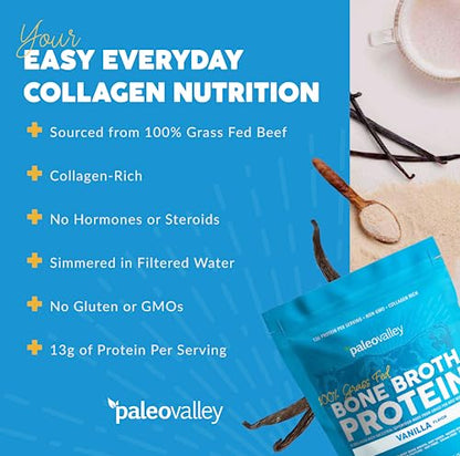 Paleovalley 100% Grass Fed Bone Broth Protein Powder - Vanilla - Rich in Collagen for Hair - Maple Wellness Supplements