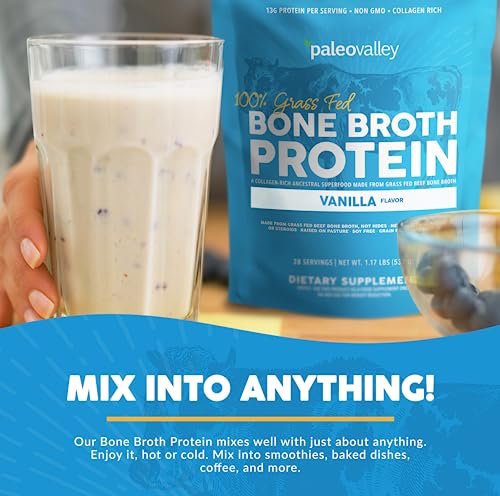 Paleovalley 100% Grass Fed Bone Broth Protein Powder - Vanilla - Rich in Collagen for Hair - Maple Wellness Supplements