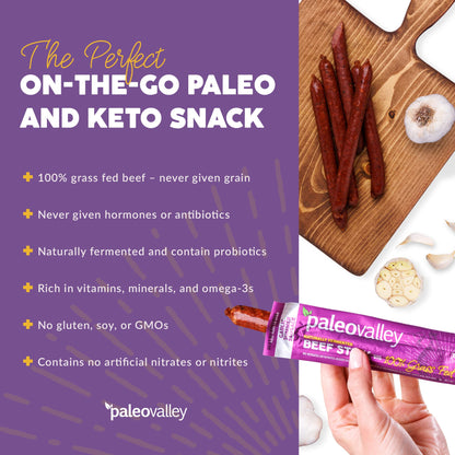 Paleovalley 100% Grass Fed Garlic Summer Sausage Beef Sticks - Delicious Gluten Free Beef Snack - High Protein Keto Friendly - Maple Wellness Supplements