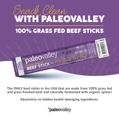 Paleovalley 100% Grass Fed Garlic Summer Sausage Beef Sticks - Delicious Gluten Free Beef Snack - High Protein Keto Friendly - Maple Wellness Supplements