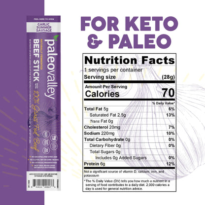 Paleovalley 100% Grass Fed Garlic Summer Sausage Beef Sticks - Delicious Gluten Free Beef Snack - High Protein Keto Friendly - Maple Wellness Supplements