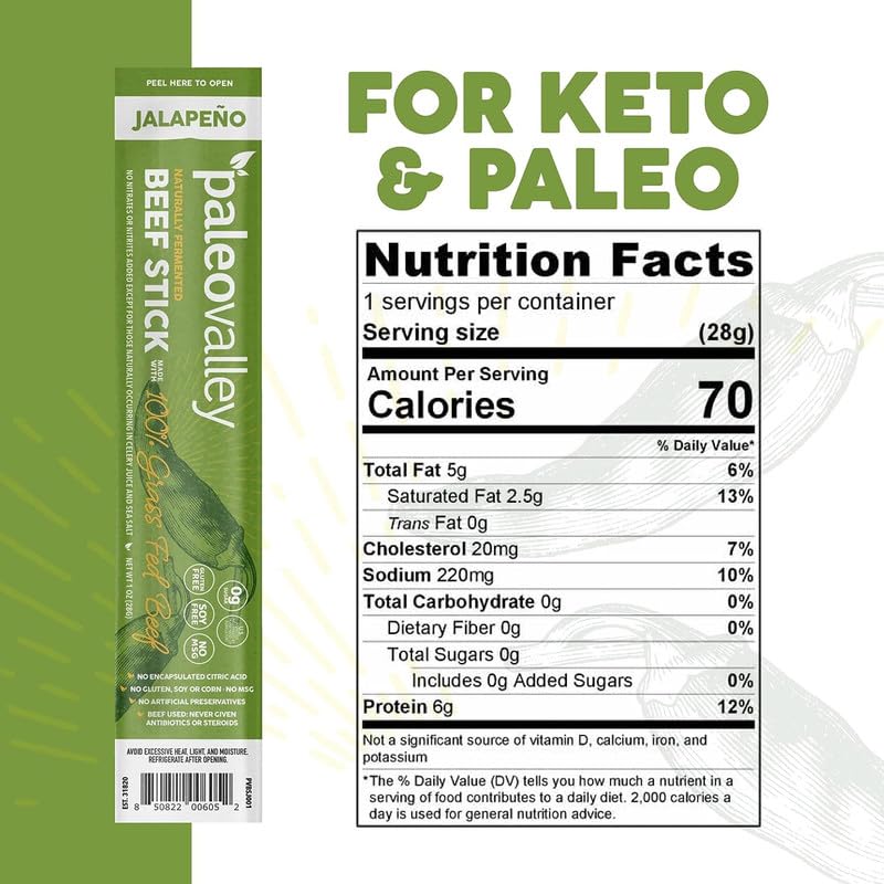 Paleovalley 100% Grass Fed Jalapeno Beef Sticks - Delicious Gluten Free Beef Snack - High Protein Keto Friendly - Maple Wellness Supplements