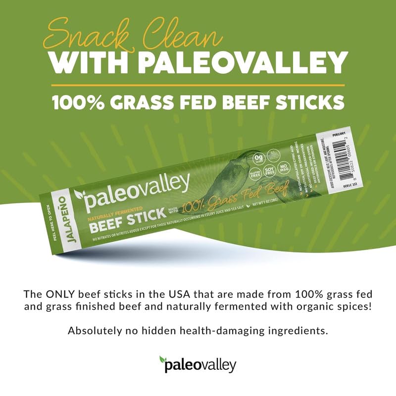 Paleovalley 100% Grass Fed Jalapeno Beef Sticks - Delicious Gluten Free Beef Snack - High Protein Keto Friendly - Maple Wellness Supplements