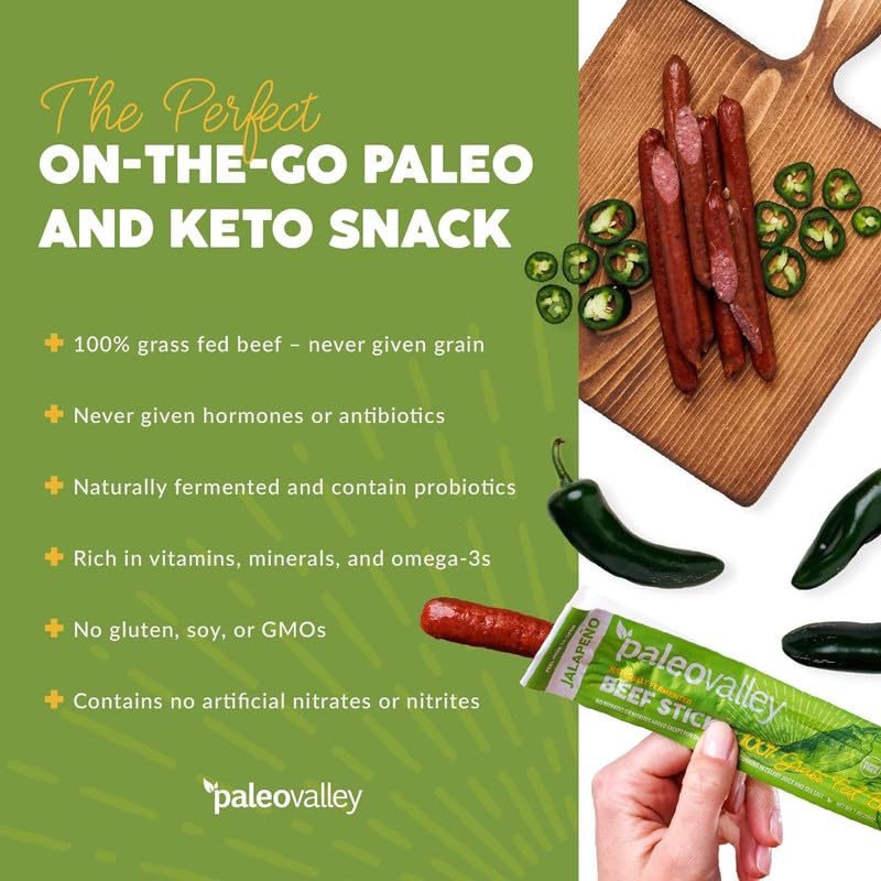 Paleovalley 100% Grass Fed Jalapeno Beef Sticks - Delicious Gluten Free Beef Snack - High Protein Keto Friendly - Maple Wellness Supplements