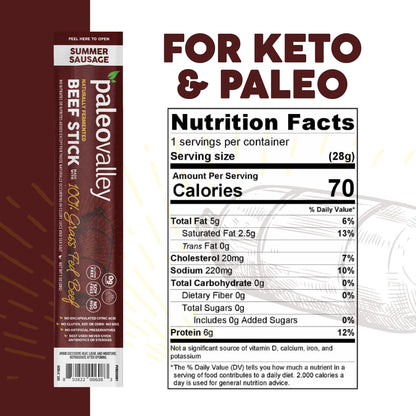 Paleovalley 100% Grass Fed Summer Sausage Beef Sticks - Delicious Gluten Free Beef Snack - High Protein Keto Friendly - Maple Wellness Supplements