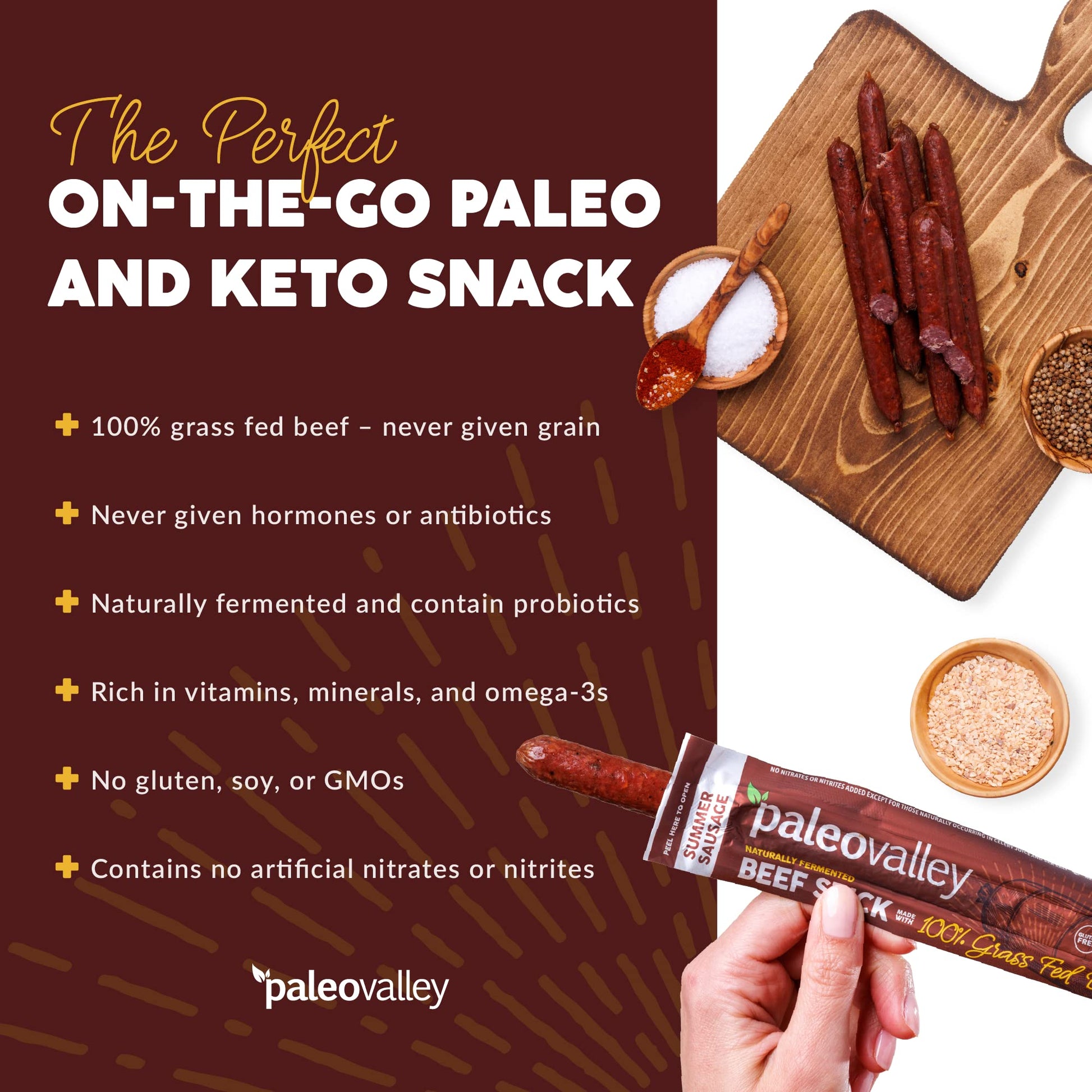 Paleovalley 100% Grass Fed Summer Sausage Beef Sticks - Delicious Gluten Free Beef Snack - High Protein Keto Friendly - Maple Wellness Supplements
