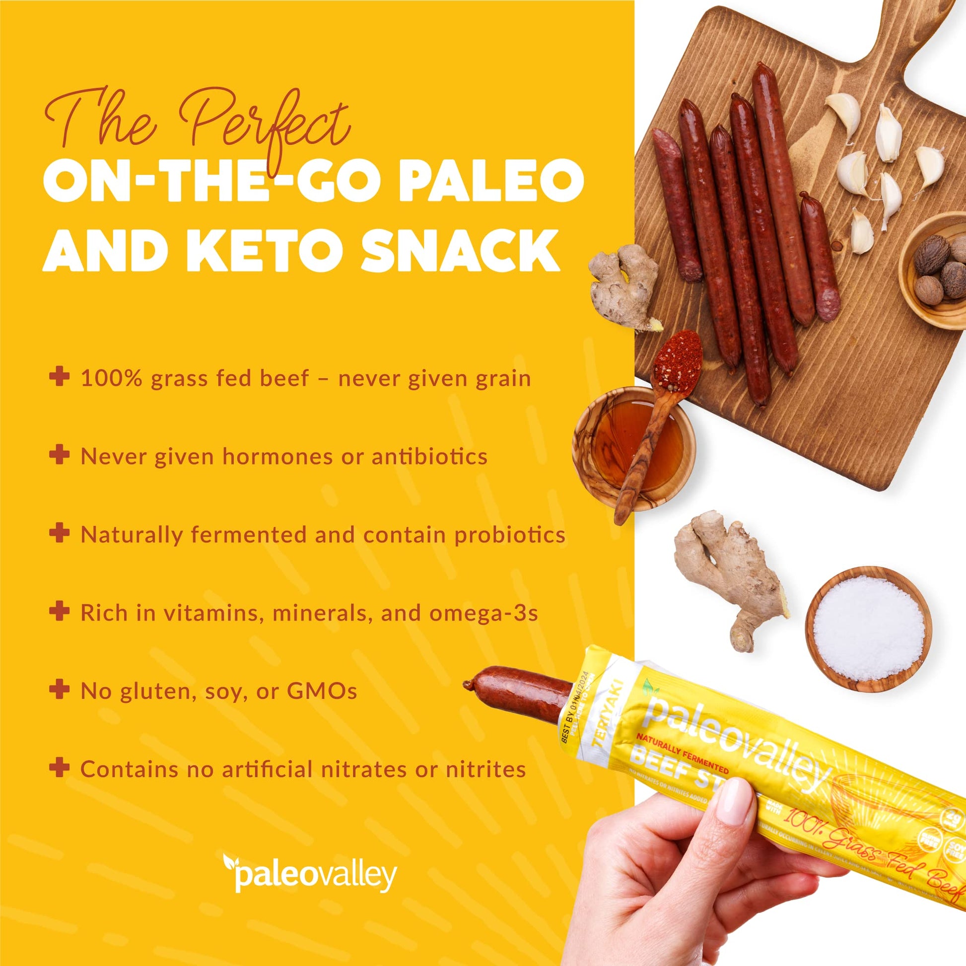Paleovalley 100% Grass Fed Teriyaki Beef Sticks - Delicious Gluten Free Beef Snack - High Protein Keto Friendly - Maple Wellness Supplements