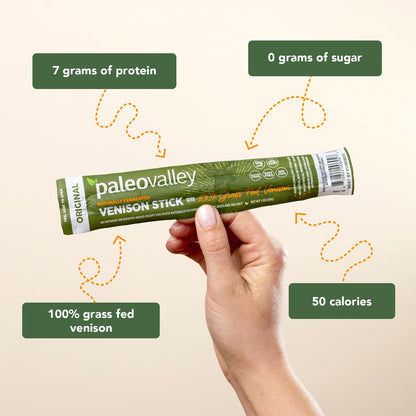 Paleovalley 100% Grass Fed Venison Sticks – 10 Pack – Keto-Friendly, High Protein, Low-Calorie Snack – Omega-3 Rich, Gluten-Free, Nitrate-Free, Naturally Flavored – Healthy On-the-Go Meat Snack - Maple Wellness Supplements