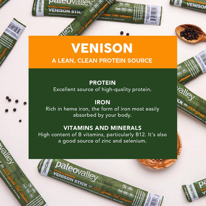Paleovalley 100% Grass Fed Venison Sticks – 10 Pack – Keto-Friendly, High Protein, Low-Calorie Snack – Omega-3 Rich, Gluten-Free, Nitrate-Free, Naturally Flavored – Healthy On-the-Go Meat Snack - Maple Wellness Supplements
