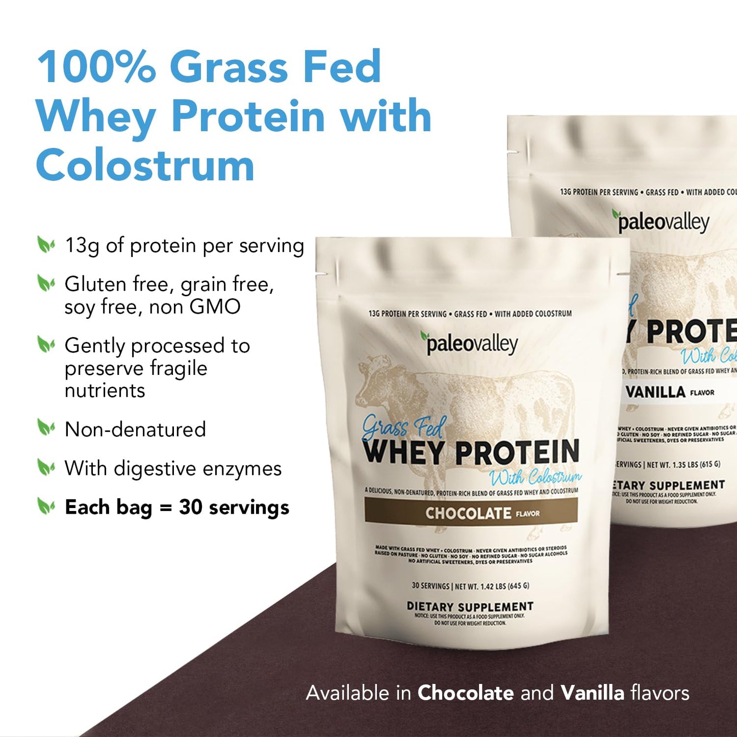 Paleovalley 100% Grassfed Whey Protein Powder with Colostrum, 30 Serving - Vanilla, 13g Protein, Muscle Building, Immune Support, Gut Health - Maple Wellness Supplements