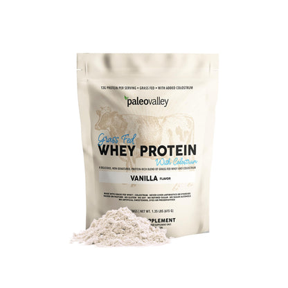 Paleovalley 100% Grassfed Whey Protein Powder with Colostrum, 30 Serving - Vanilla, 13g Protein, Muscle Building, Immune Support, Gut Health - Maple Wellness Supplements