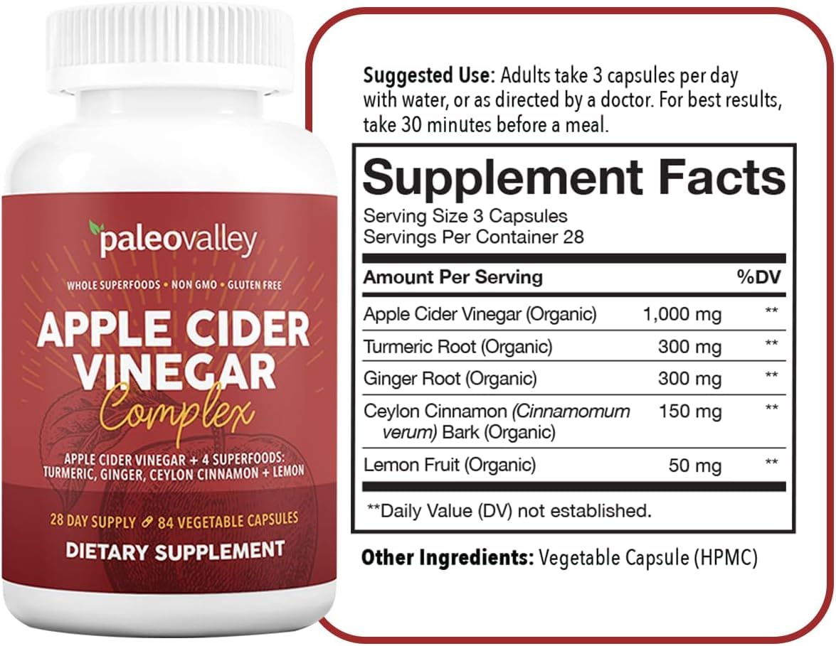 Paleovalley Apple Cider Vinegar Complex with Superfoods - Turmeric, Ginger, Ceylon Cinnamon and Lemon - 84 Vegetable Capsules - Maple Wellness Supplements