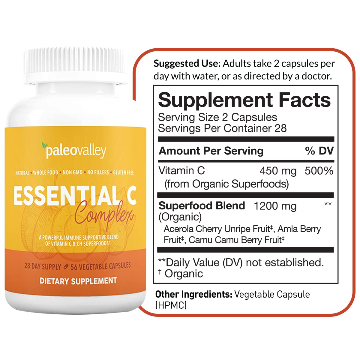 Paleovalley Essential C Complex - Vitamin C Supplement for Immune Support - 1 Pack, 450mg - Organic Superfoods Unripe Acerola Cherry, Camu Camu, Amla Berry - Maple Wellness Supplements